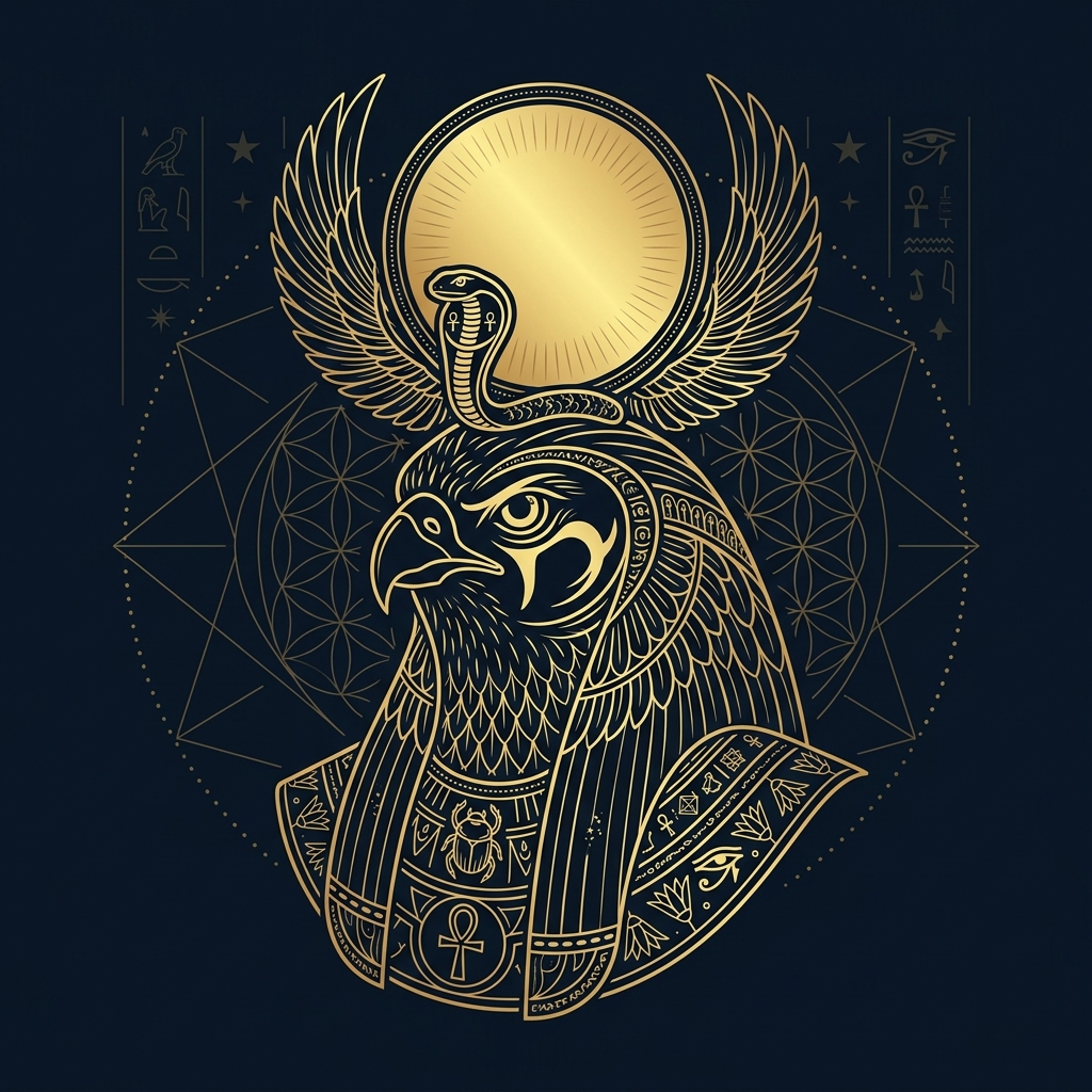 Stylized gold-line illustration of Ra, the ancient Egyptian sun god, from EZ Tour Egypt's Which Egyptian God Are You quiz