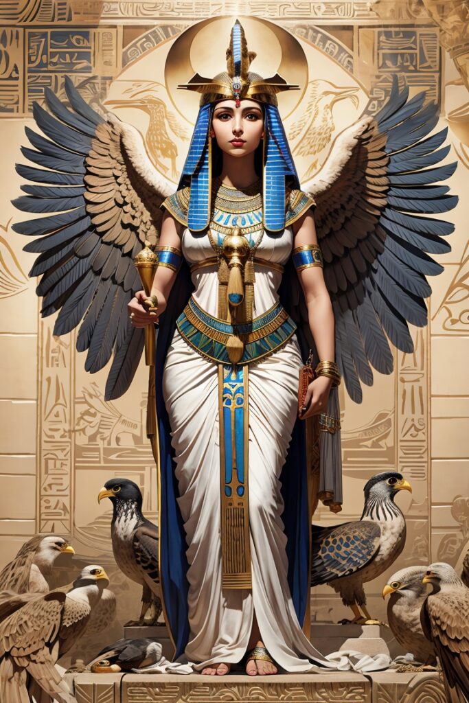 Digital image representing Isis, the mother goddess, and Horus, the falcon-headed god, symbolizing their respective roles in Egyptian mythology. Isis is depicted as a nurturing figure with magical symbols, while Horus is shown as a falcon-headed deity, symbolizing his divine authority as a ruler.