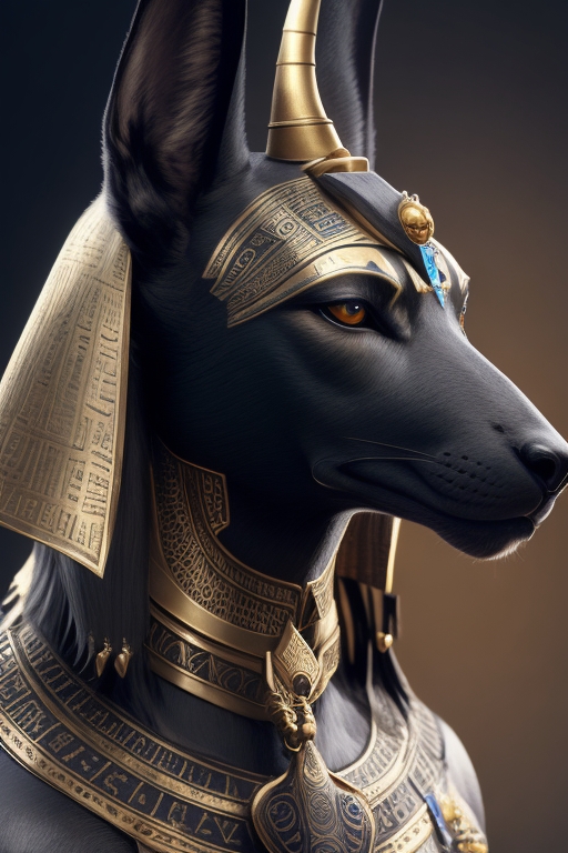An artistic rendering of Anubis, the jackal-headed god, against a mystical desert background. Soft lighting accentuates his role as the protector of graves and guide to the afterlife.