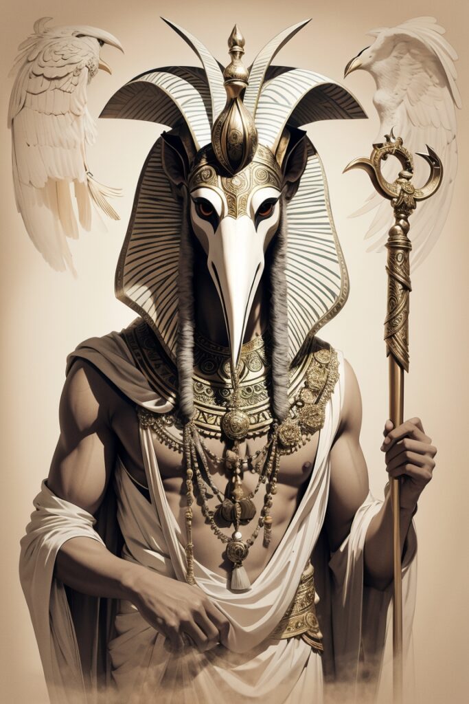 An artistic representation of Thoth, the ibis-headed god, with a backdrop of ancient scrolls and hieroglyphs. Soft, balanced lighting underscores his role as the god of wisdom and writing.