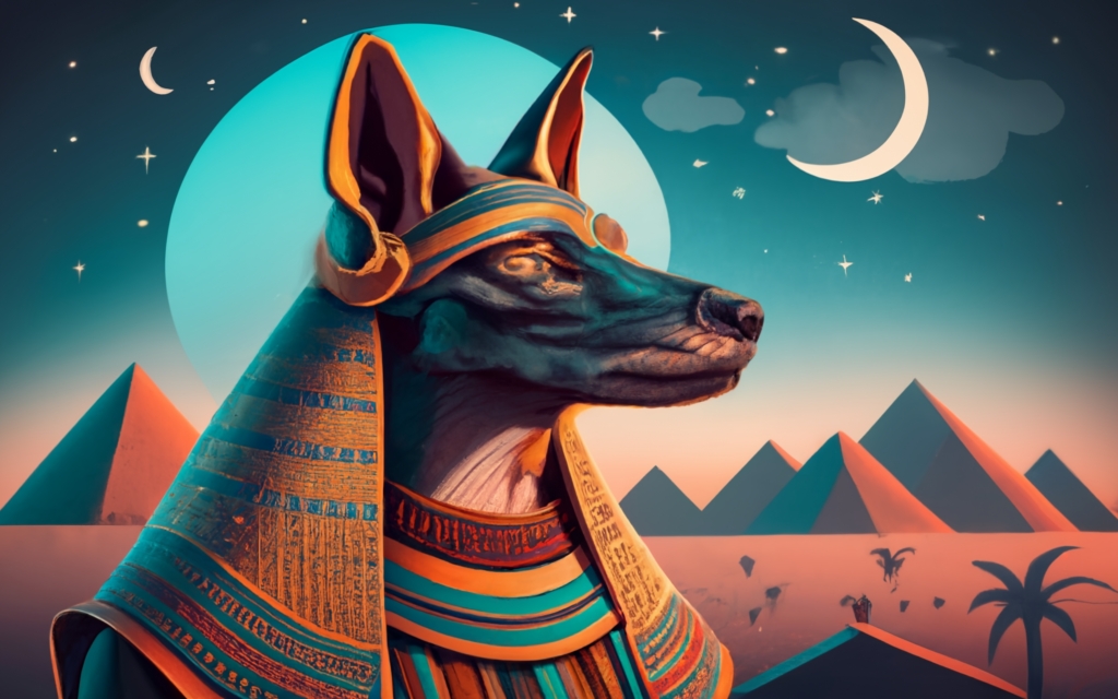 An exquisite digital artwork of Anubis, the jackal-headed god of ancient Egypt, depicted under moonlight in the desert. The deity stands tall and imposing, with hieroglyphics adorning his attire, creating an aura of mystique and reverence.

