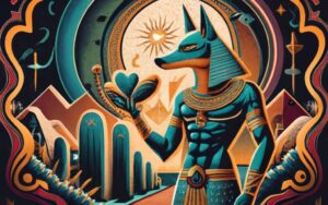 A mesmerizing digital artwork portraying Anubis, the ancient Egyptian god of the dead, with a jackal head. He stands in a mystical realm, gently holding a heart in his hand, symbolizing the judgment of souls in the afterlife. The image radiates an aura of solemnity and divine significance.